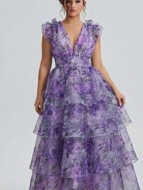 NEW NWT Curveins Lavender Floral Tiered V-Neck Maxi Dress Sz 4XL